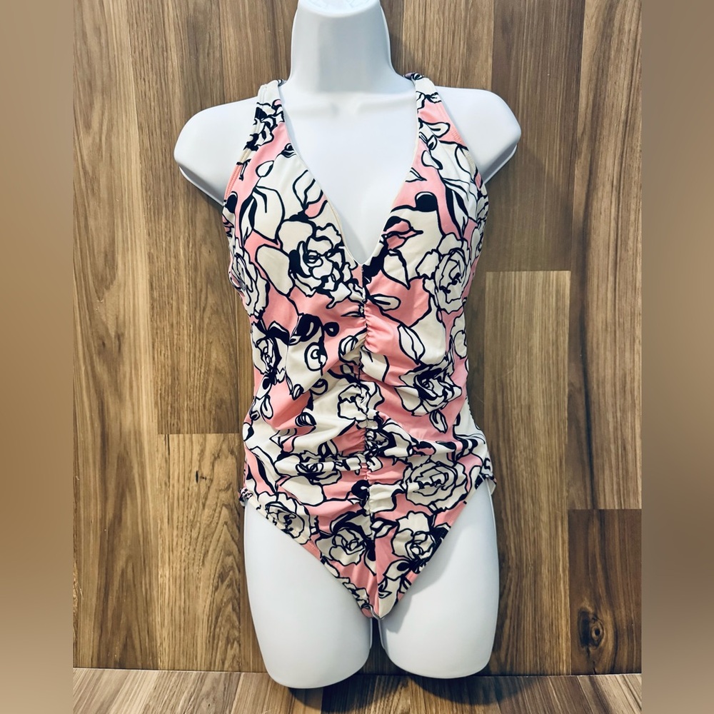 St. John Floral Pink Black White Double Strap One Piece High Cut Bathing Suit 8